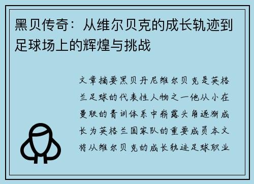 黑贝传奇：从维尔贝克的成长轨迹到足球场上的辉煌与挑战